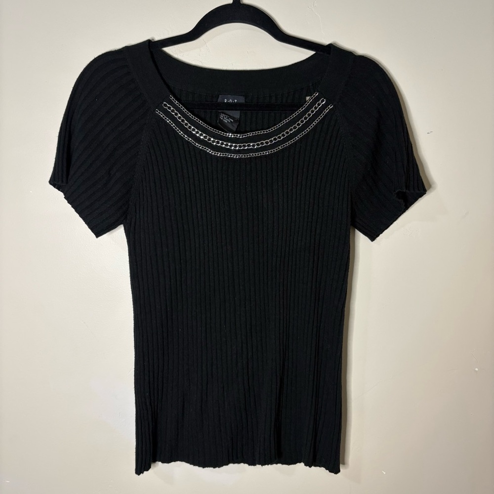 RQT y2k Ribbed Knit Short Sleeve Chain Detail T shirt Womens Size PL